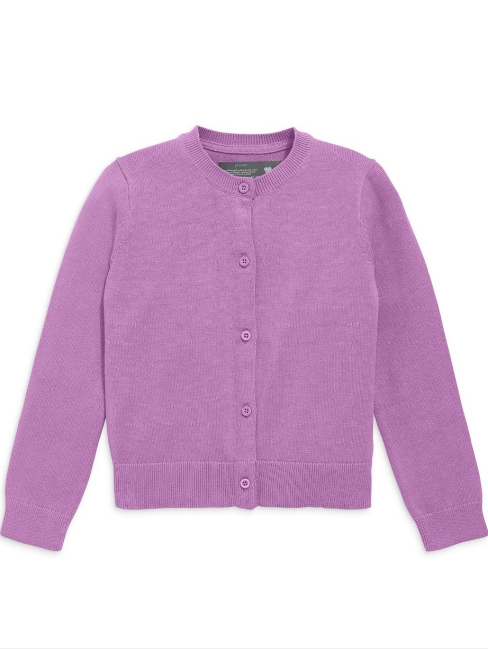 100% Cotton Primary Lavender Button-Front Crewneck Cardigan